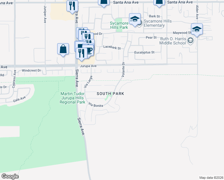 map of restaurants, bars, coffee shops, grocery stores, and more near 17146 La Vesu Road in Fontana