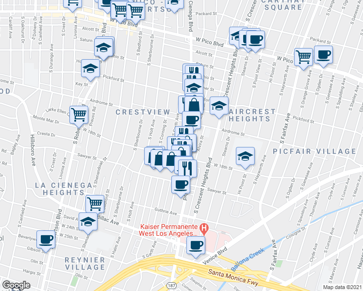 map of restaurants, bars, coffee shops, grocery stores, and more near 1765 South La Cienega Boulevard in Los Angeles