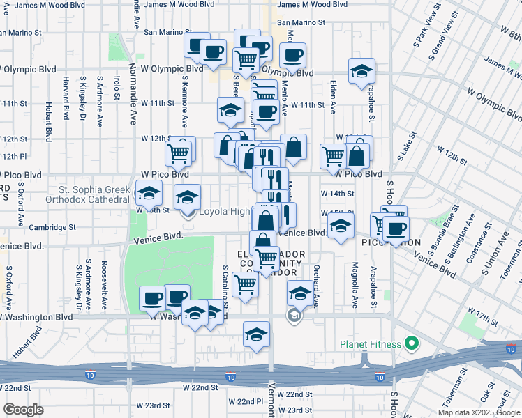 map of restaurants, bars, coffee shops, grocery stores, and more near 1424 South New Hampshire Avenue in Los Angeles