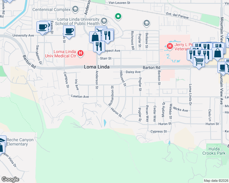 map of restaurants, bars, coffee shops, grocery stores, and more near 11461 Acacia Street in Loma Linda