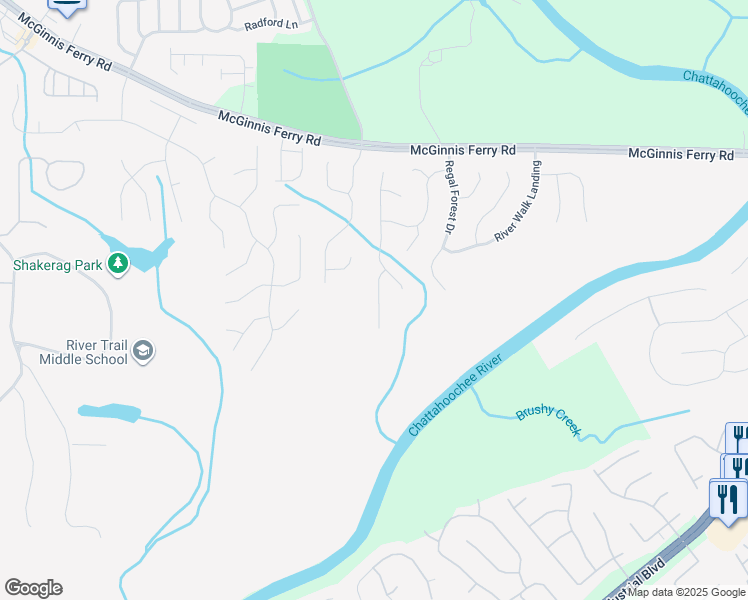 map of restaurants, bars, coffee shops, grocery stores, and more near 245 Gladeside Path in Suwanee