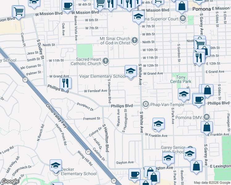 map of restaurants, bars, coffee shops, grocery stores, and more near 1076 West Fernleaf Avenue in Pomona