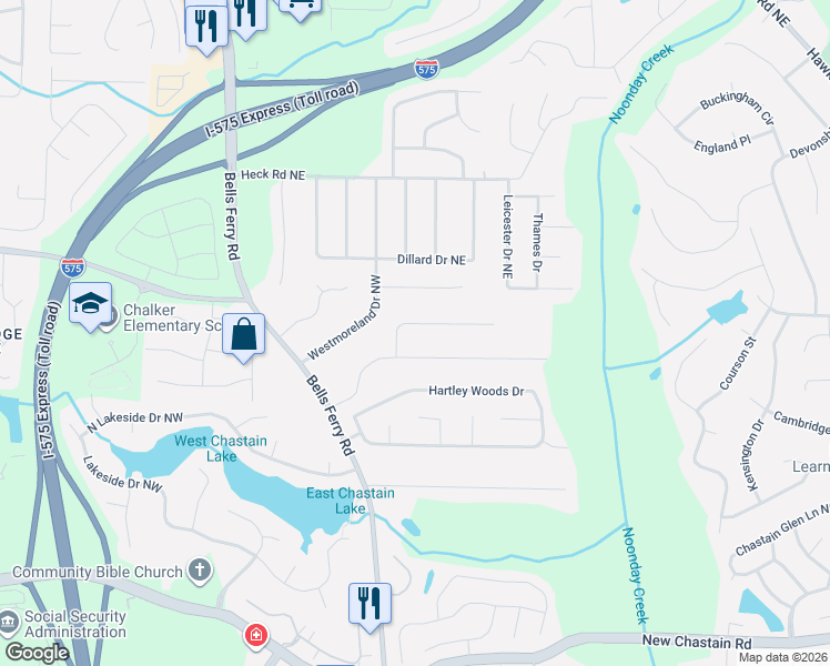 map of restaurants, bars, coffee shops, grocery stores, and more near 3842 Crestmore Drive Northeast in Kennesaw