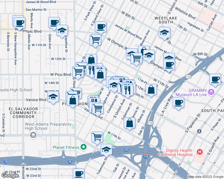 map of restaurants, bars, coffee shops, grocery stores, and more near 1810 West Pico Boulevard in Los Angeles