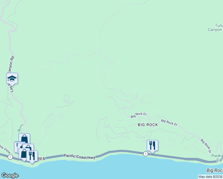 map of restaurants, bars, coffee shops, grocery stores, and more near 20940 Big Rock Drive in Malibu