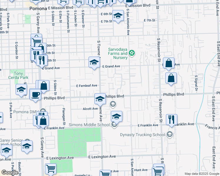 map of restaurants, bars, coffee shops, grocery stores, and more near 1438 Madrid Drive in Pomona