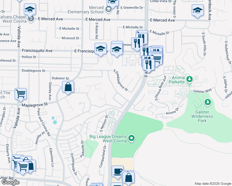 map of restaurants, bars, coffee shops, grocery stores, and more near 1700 East Autumn Drive in West Covina