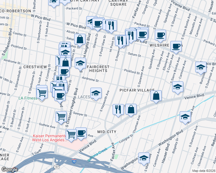 map of restaurants, bars, coffee shops, grocery stores, and more near 1711 South Hayworth Avenue in Los Angeles