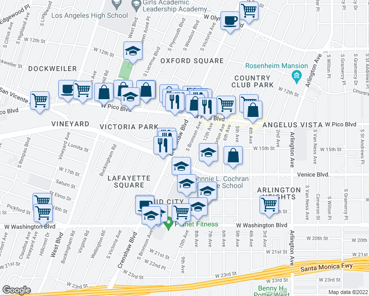 map of restaurants, bars, coffee shops, grocery stores, and more near 1506 Crenshaw Boulevard in Los Angeles