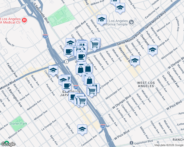 map of restaurants, bars, coffee shops, grocery stores, and more near 1849 South Bentley Avenue in Los Angeles