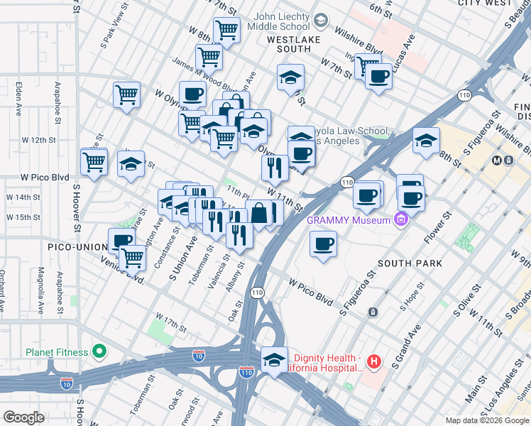 map of restaurants, bars, coffee shops, grocery stores, and more near 1119 Albany Street in Los Angeles