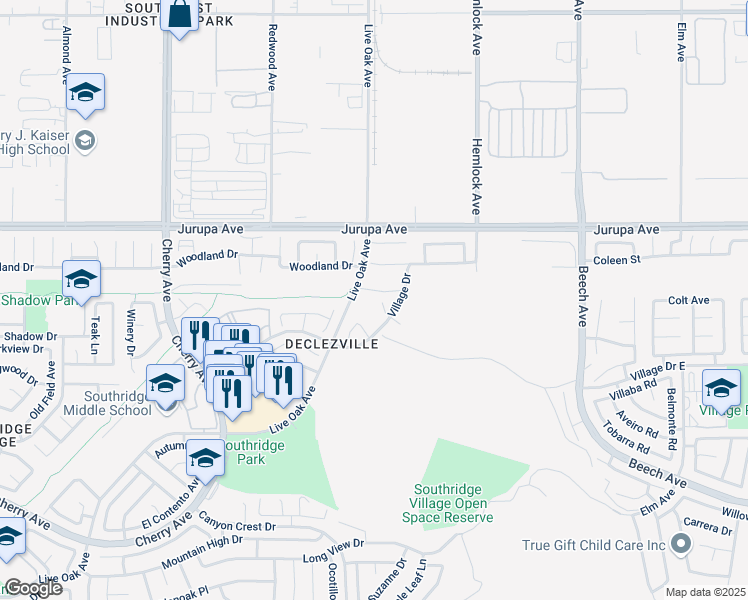 map of restaurants, bars, coffee shops, grocery stores, and more near 11438 Caraway Court in Fontana