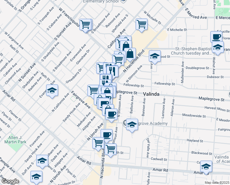 map of restaurants, bars, coffee shops, grocery stores, and more near 15420 Maplegrove St in La Puente