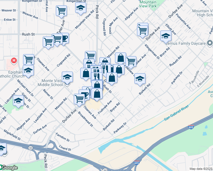 map of restaurants, bars, coffee shops, grocery stores, and more near 12331 Rush Street in South El Monte