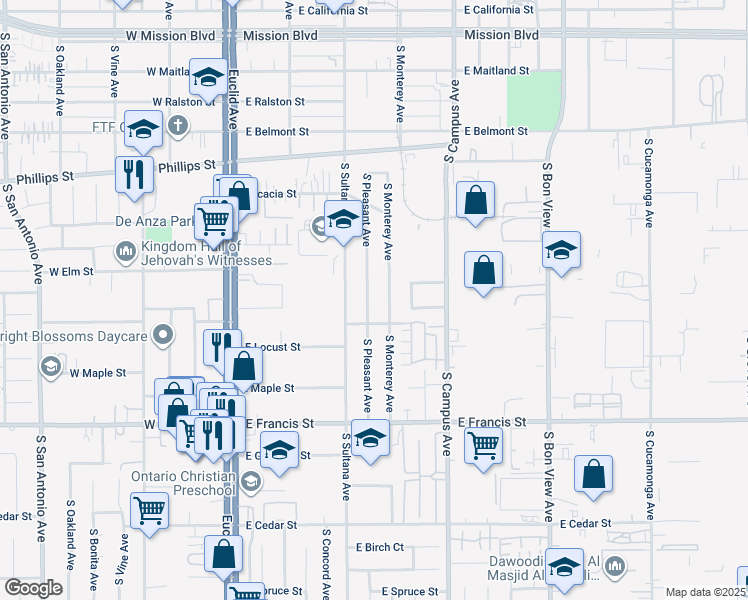 map of restaurants, bars, coffee shops, grocery stores, and more near 1537 South Pleasant Avenue in Ontario