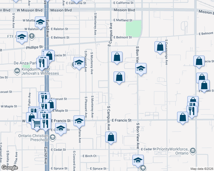 map of restaurants, bars, coffee shops, grocery stores, and more near 645 E De Anza Cir in Ontario