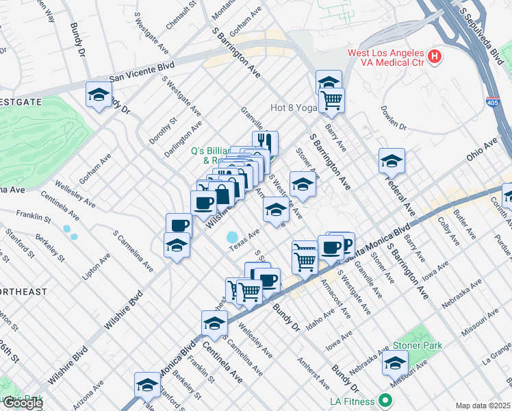 map of restaurants, bars, coffee shops, grocery stores, and more near 1226 Brockton Avenue in Los Angeles