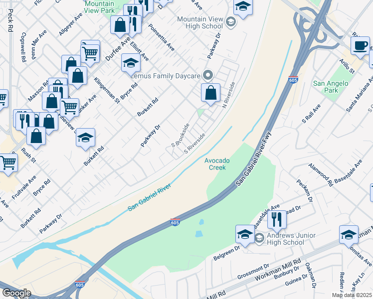map of restaurants, bars, coffee shops, grocery stores, and more near 12700 Elliott Avenue in El Monte