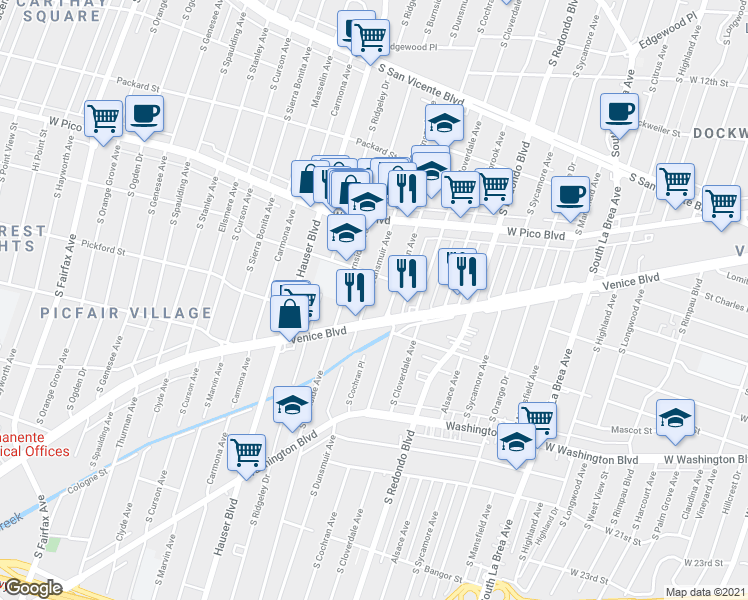 map of restaurants, bars, coffee shops, grocery stores, and more near 1528 South Dunsmuir Avenue in Los Angeles