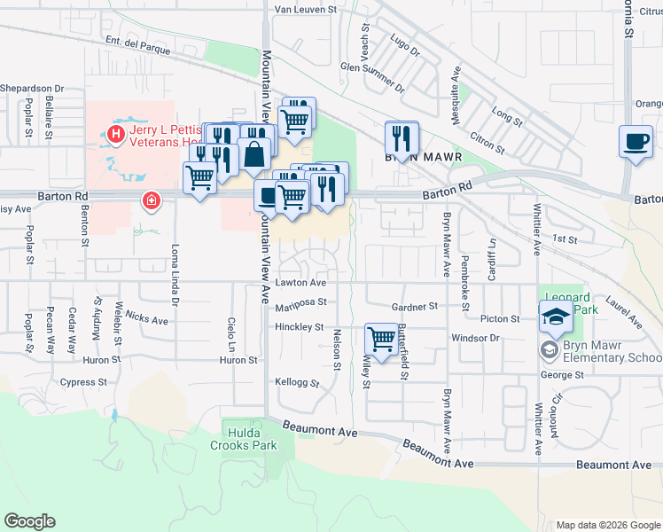 map of restaurants, bars, coffee shops, grocery stores, and more near 25865 Sunrise Way in Loma Linda
