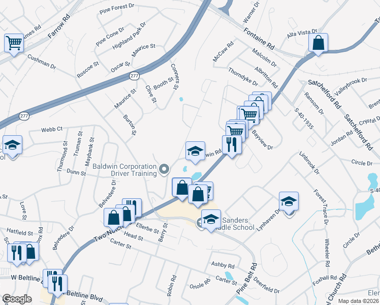 map of restaurants, bars, coffee shops, grocery stores, and more near 4019 Baldwin Road in Columbia