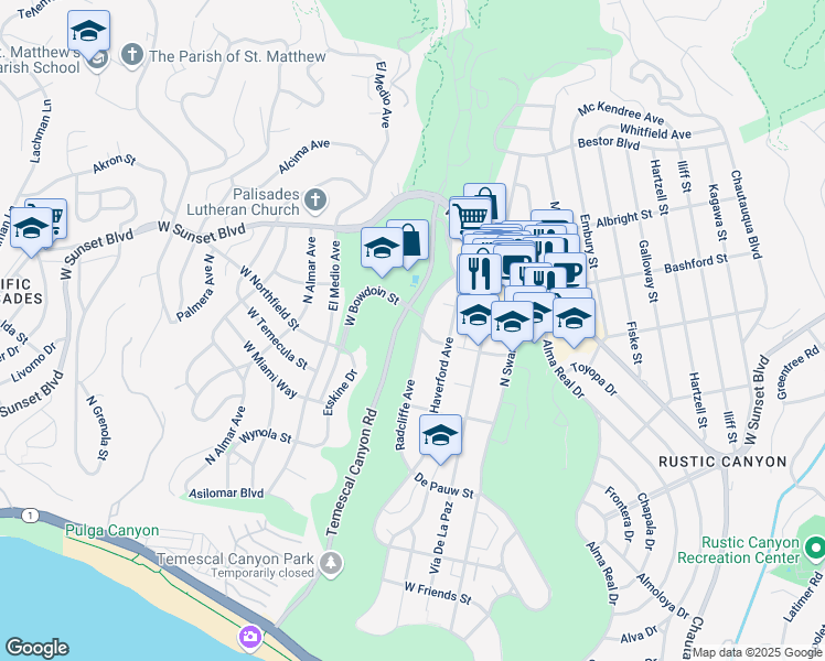 map of restaurants, bars, coffee shops, grocery stores, and more near 801 Radcliffe Avenue in Los Angeles