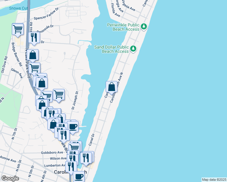 map of restaurants, bars, coffee shops, grocery stores, and more near 911 Carolina Beach Avenue North in Carolina Beach