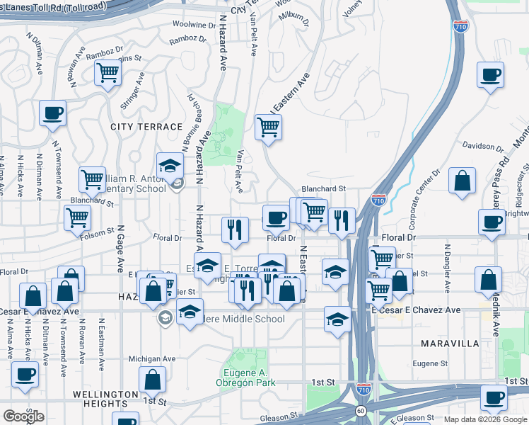 map of restaurants, bars, coffee shops, grocery stores, and more near 813 North Marianna Avenue in Los Angeles