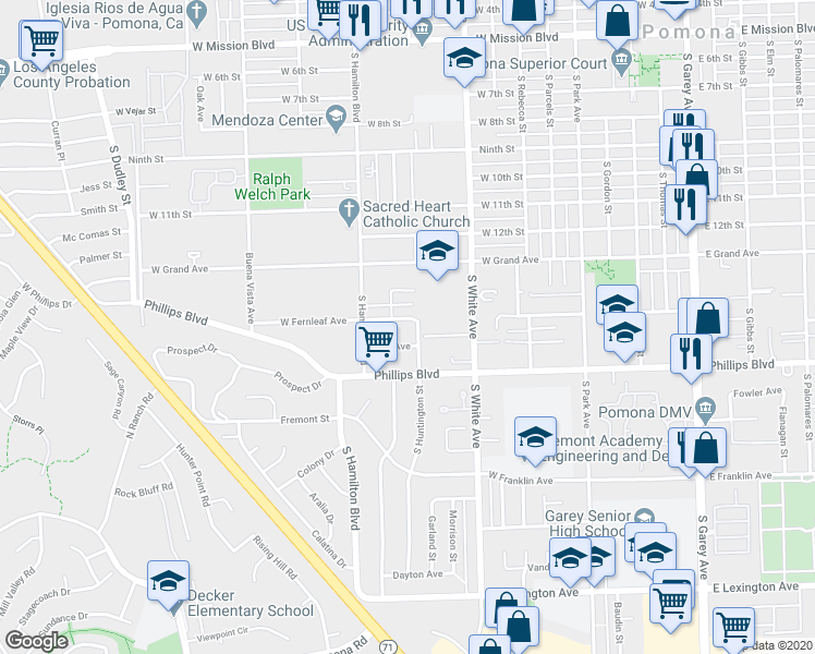 map of restaurants, bars, coffee shops, grocery stores, and more near 1415 South Huntington Street in Pomona