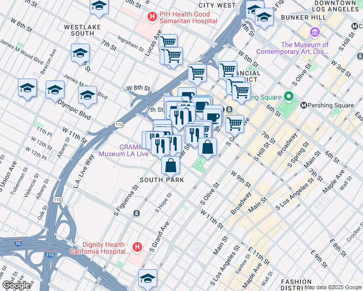 map of restaurants, bars, coffee shops, grocery stores, and more near 901 Flower Street in Los Angeles