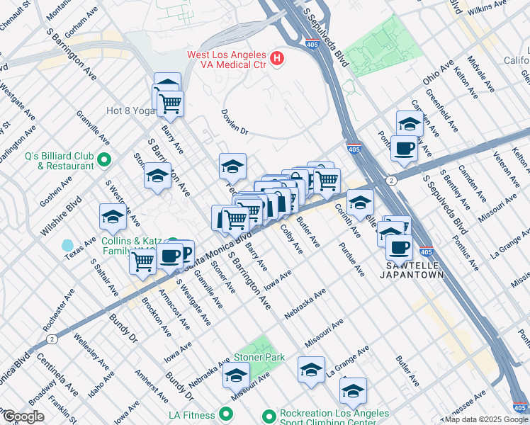 map of restaurants, bars, coffee shops, grocery stores, and more near 1519 Colby Avenue in Los Angeles