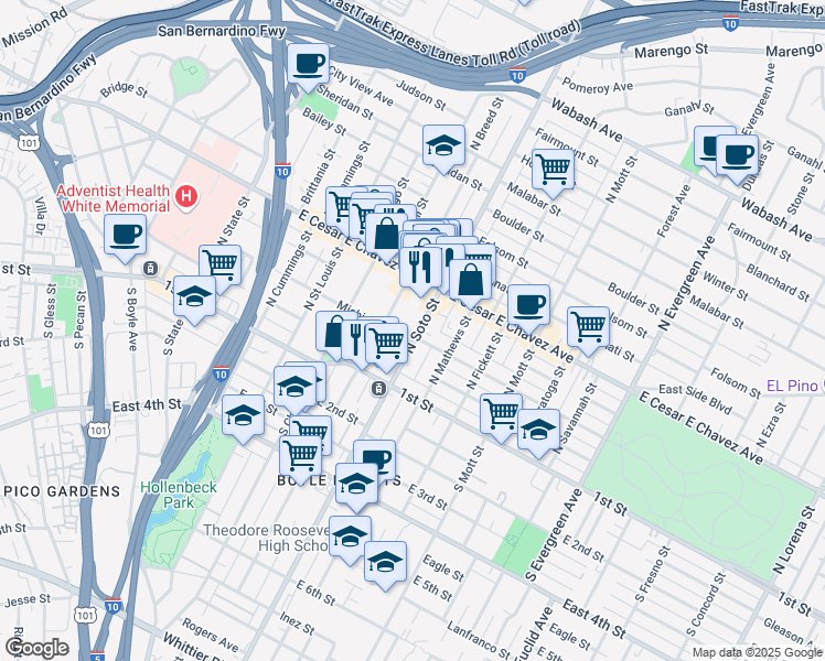 map of restaurants, bars, coffee shops, grocery stores, and more near 215 North Soto Street in Los Angeles