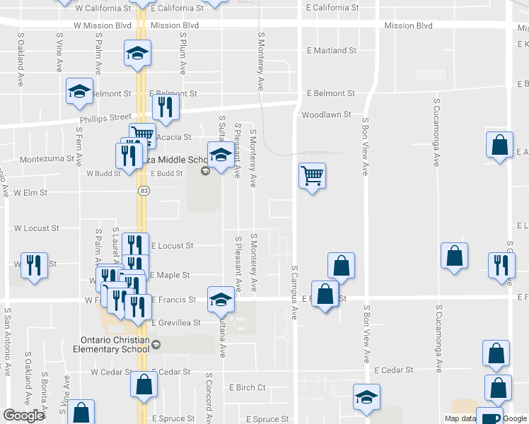 map of restaurants, bars, coffee shops, grocery stores, and more near 605 East Elm Street in Ontario