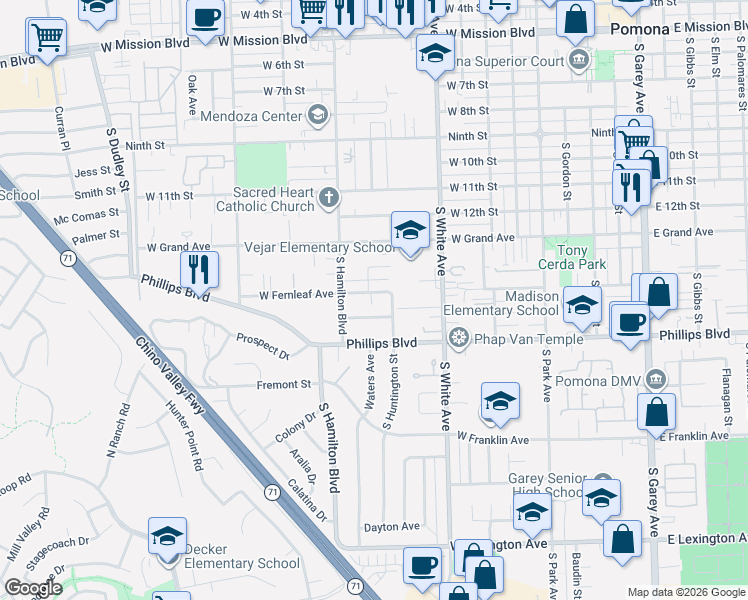 map of restaurants, bars, coffee shops, grocery stores, and more near 1036 West Fernleaf Avenue in Pomona
