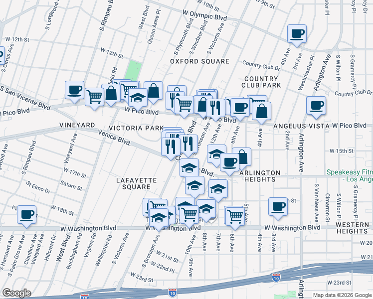 map of restaurants, bars, coffee shops, grocery stores, and more near 1506 Crenshaw Boulevard in Los Angeles