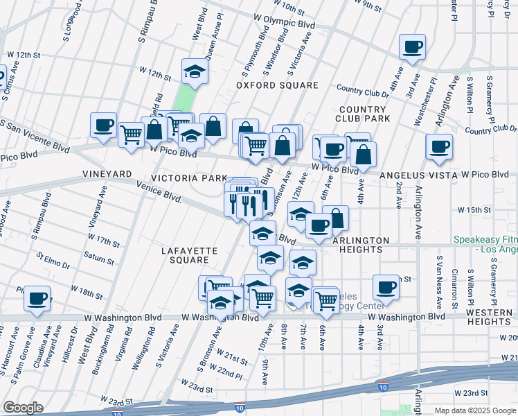 map of restaurants, bars, coffee shops, grocery stores, and more near 1506 Crenshaw Boulevard in Los Angeles