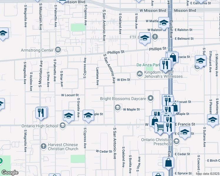 map of restaurants, bars, coffee shops, grocery stores, and more near 629 West Yucca Street in Ontario