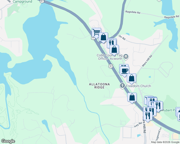 map of restaurants, bars, coffee shops, grocery stores, and more near 3708 Summit Drive Northwest in Acworth