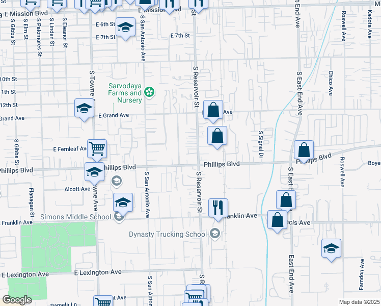 map of restaurants, bars, coffee shops, grocery stores, and more near 1457 South Reservoir Street in Pomona