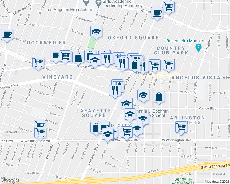 map of restaurants, bars, coffee shops, grocery stores, and more near 1516 South Victoria Avenue in Los Angeles