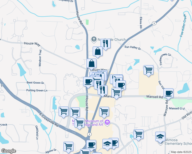 map of restaurants, bars, coffee shops, grocery stores, and more near 515 Fairview Circle in Roswell