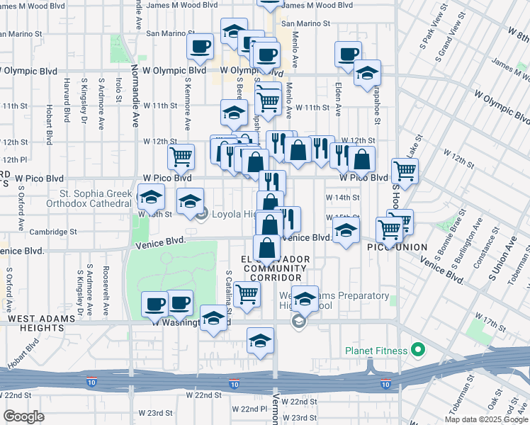 map of restaurants, bars, coffee shops, grocery stores, and more near 1424 South New Hampshire Avenue in Los Angeles