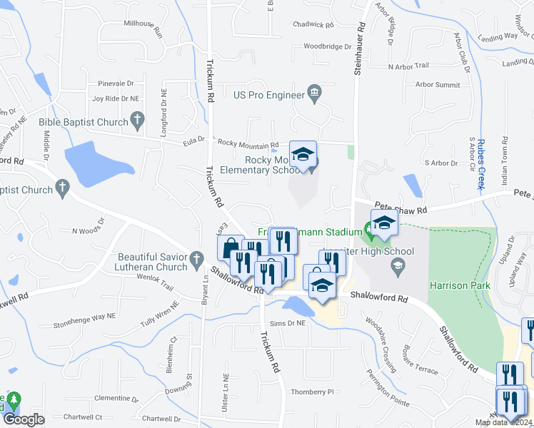 map of restaurants, bars, coffee shops, grocery stores, and more near 2290 Wickingham Drive Northeast in Marietta