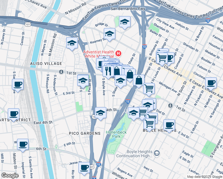 map of restaurants, bars, coffee shops, grocery stores, and more near 1825 East 3rd Street in Los Angeles