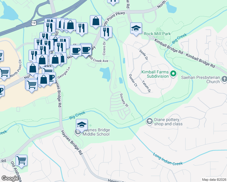 map of restaurants, bars, coffee shops, grocery stores, and more near 5010 Mill Creek Avenue in Alpharetta