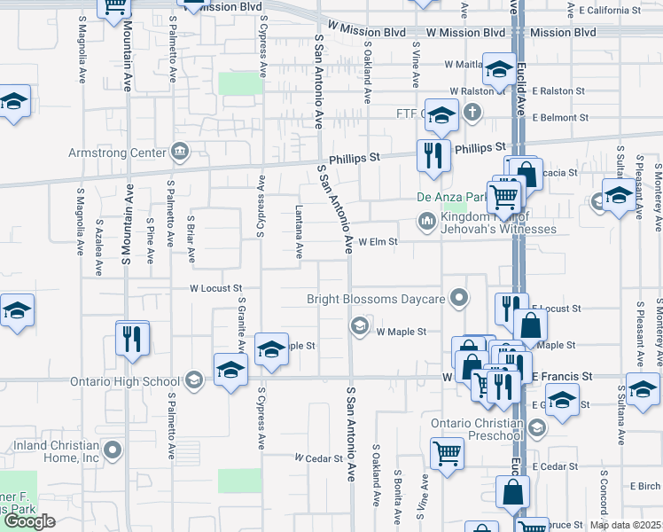 map of restaurants, bars, coffee shops, grocery stores, and more near 629 West Yucca Street in Ontario