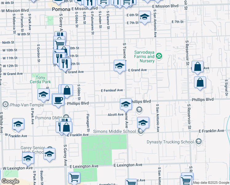 map of restaurants, bars, coffee shops, grocery stores, and more near 732 East Fernleaf Avenue in Pomona