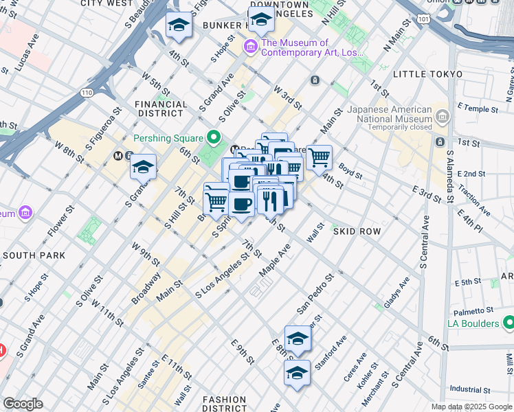 map of restaurants, bars, coffee shops, grocery stores, and more near 556 South Main Street in Los Angeles