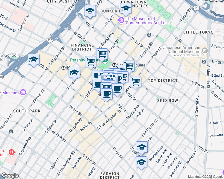 map of restaurants, bars, coffee shops, grocery stores, and more near 640 South Broadway in Los Angeles