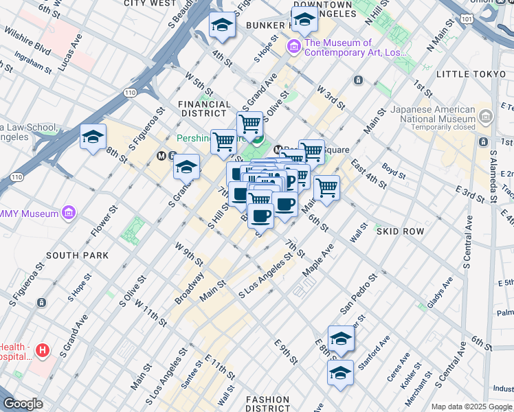 map of restaurants, bars, coffee shops, grocery stores, and more near 640 South Broadway in Los Angeles